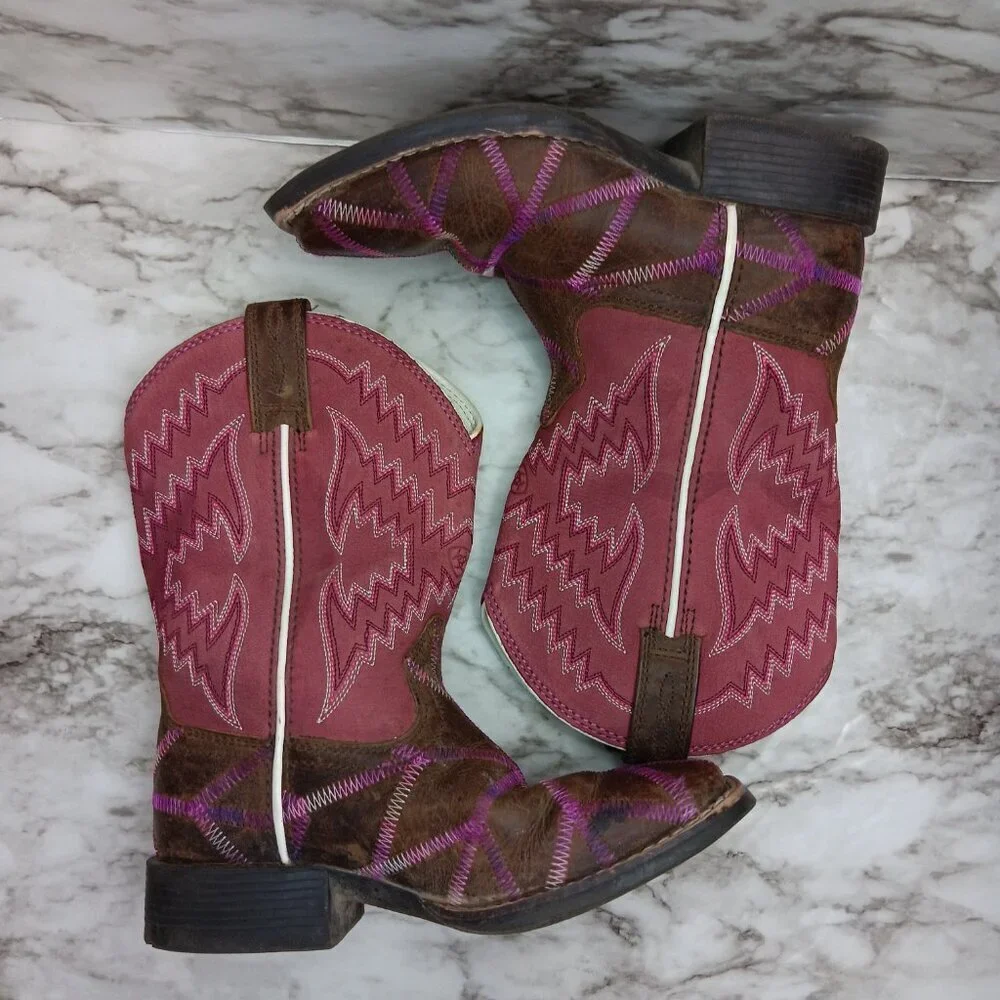 ARIAT Girls Twisted Tycoon Western Boot Size 11 Square Toe Pink Brown Leather